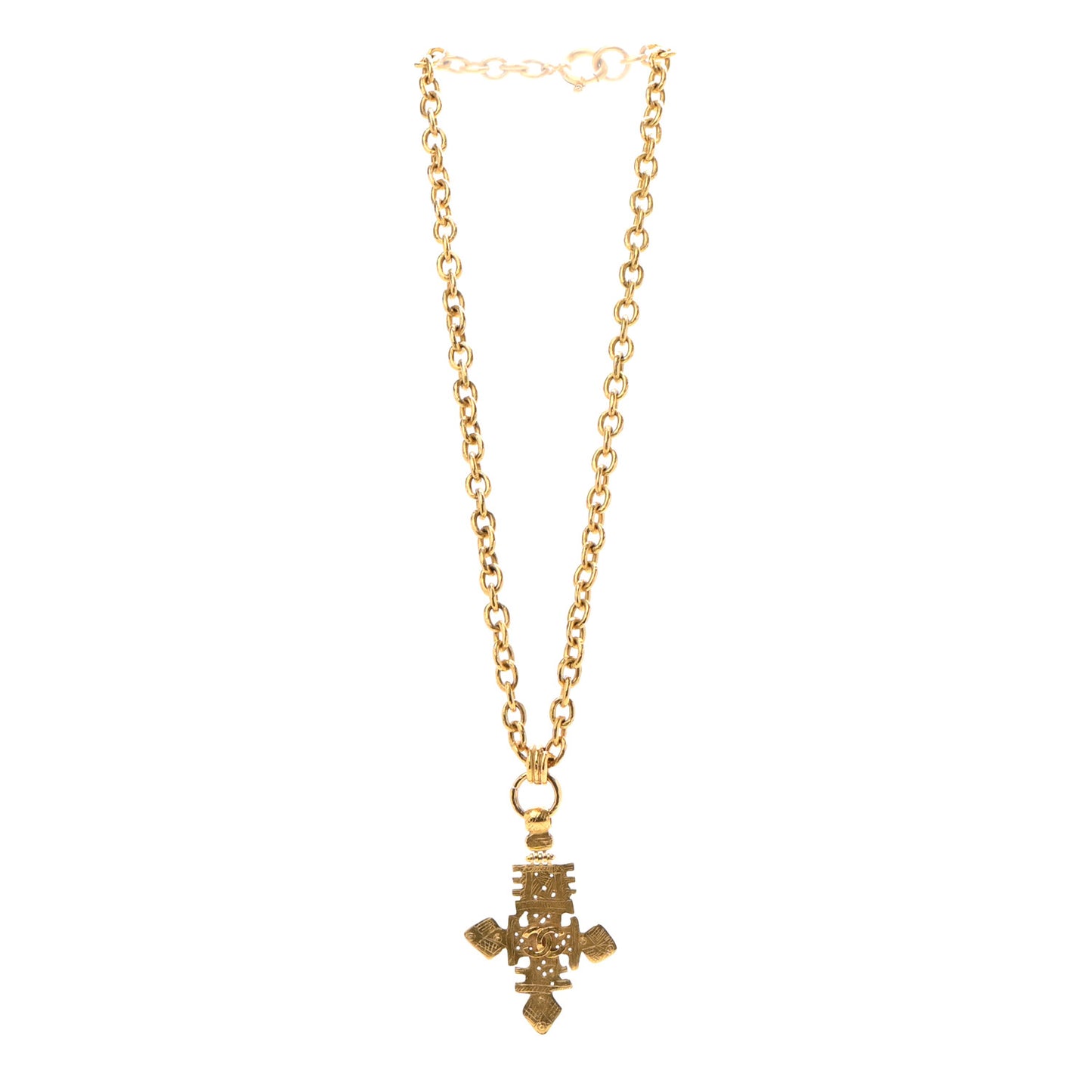 Long CC Cross Pendant Necklace Gold