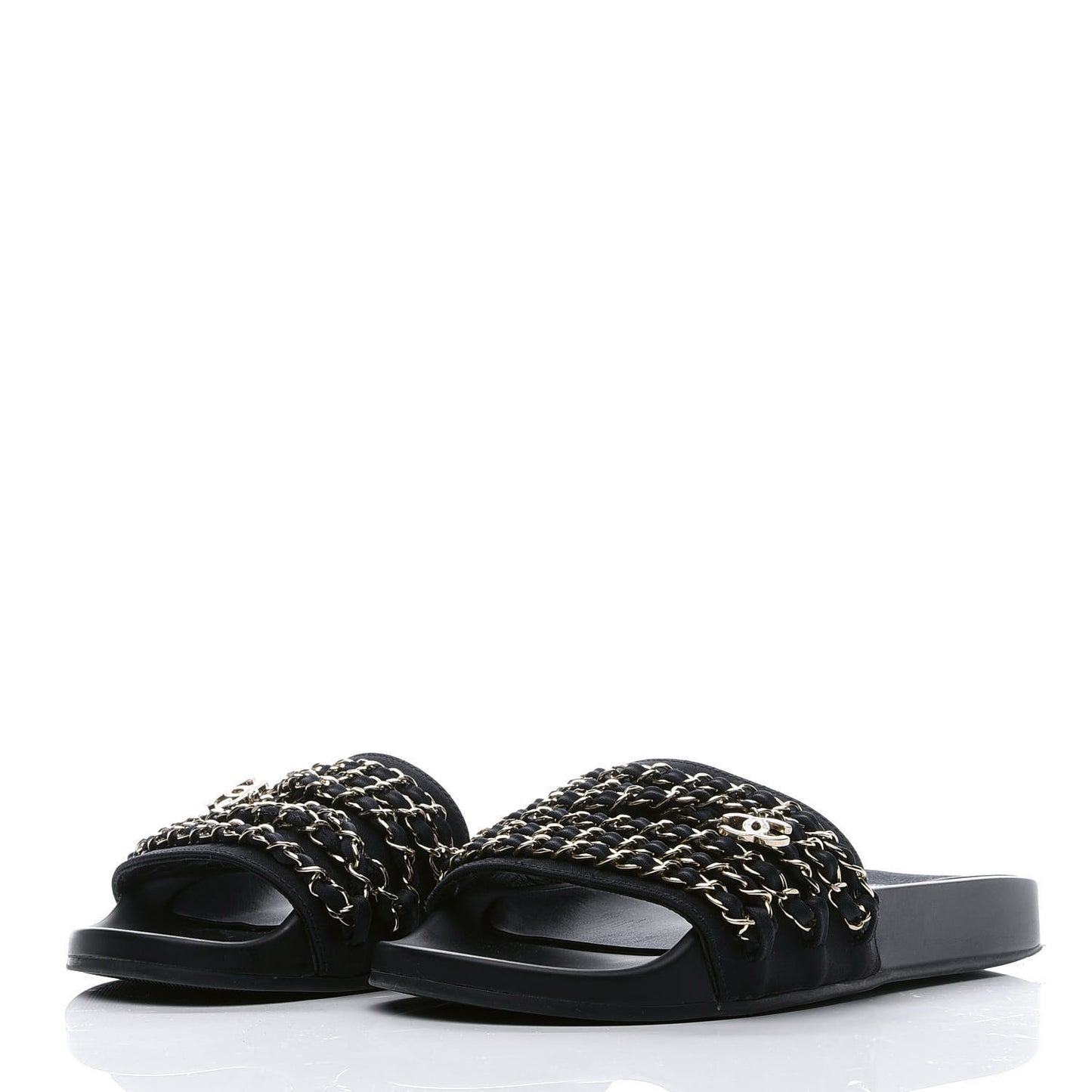 Lambskin Canvas Chain Flat Sandals 38 Black