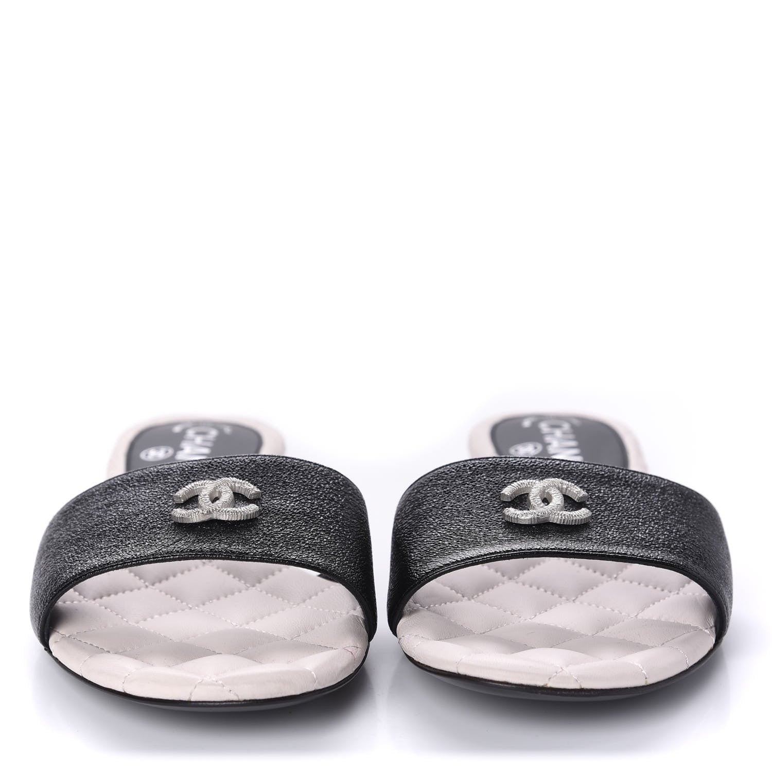 Chanel Goatskin Lambskin Quilted CC Sandal Mules 37.5 Black White 2 of 9