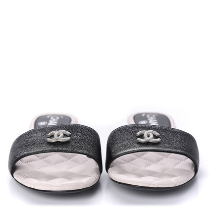 Chanel Goatskin Lambskin Quilted CC Sandal Mules 37.5 Black White 2 of 9