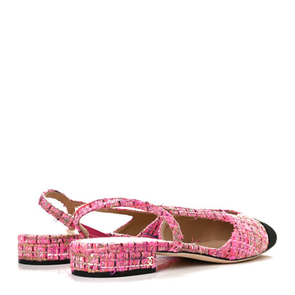 Chanel Tweed Grosgrain Cap Toe CC Slingback Flat 41.5 Pink Black 6 of 12