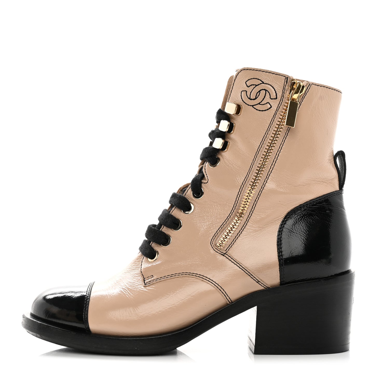 Patent Calfskin CC Lace Up Short Boots 36.5 Beige Black