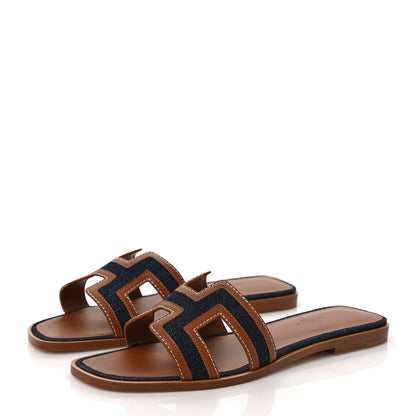 Hermes Calfskin Denim Oran Sandals 39 Bleu Brut Gold 3 of 8