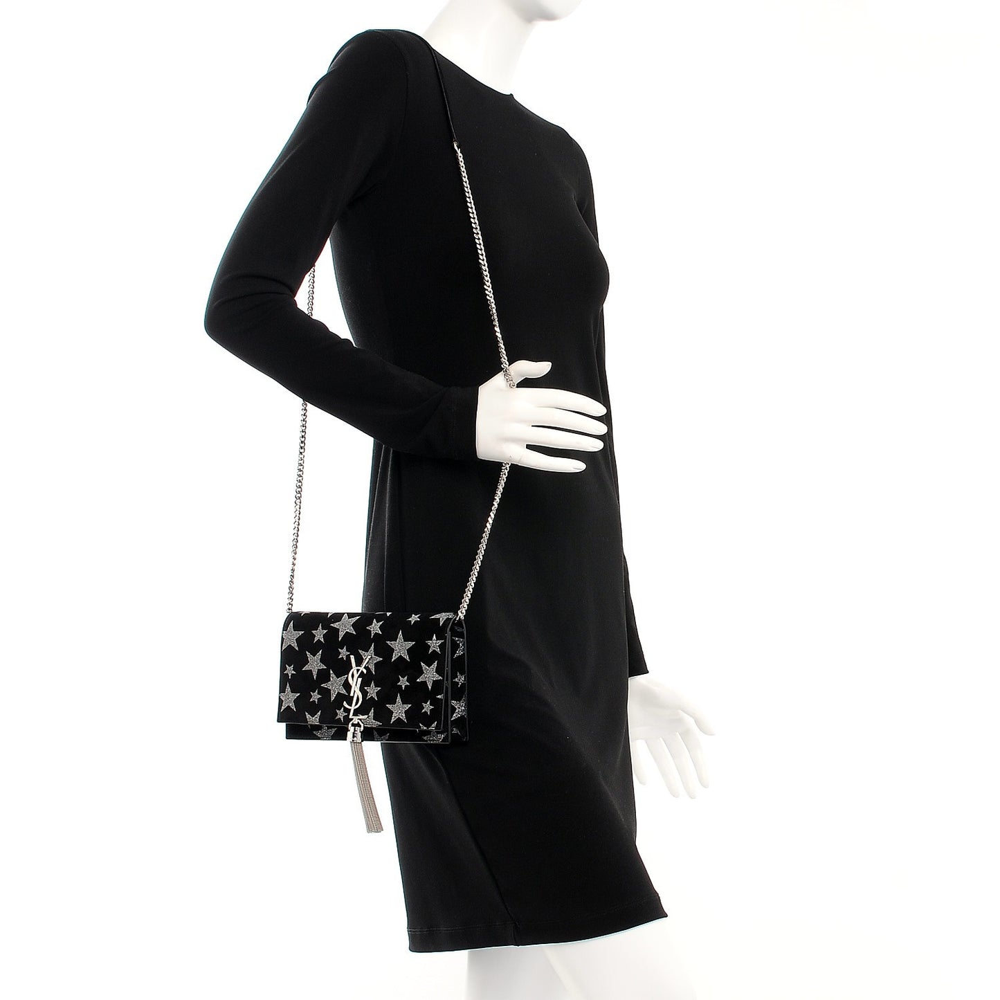 Suede Star Print Monogram Chain Wallet Black Silver