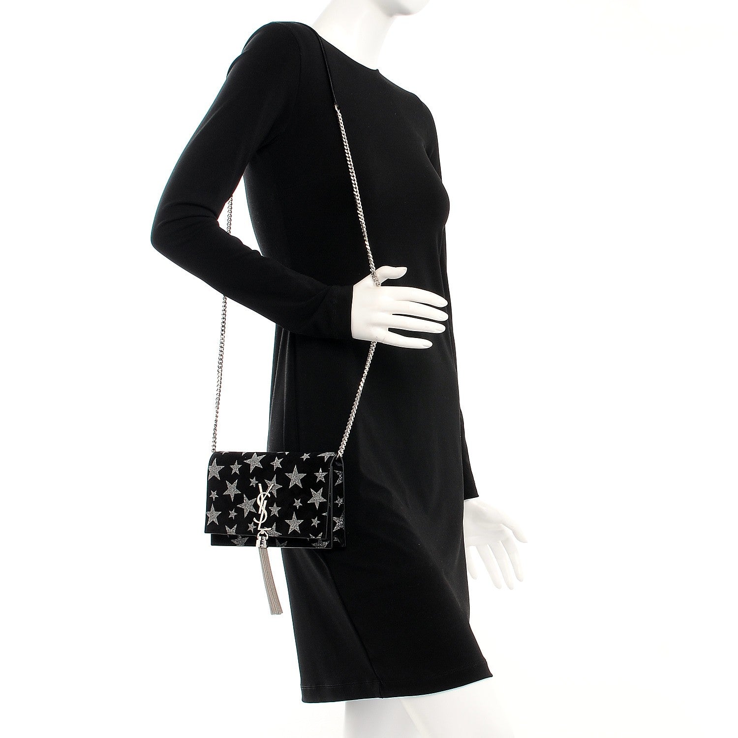 Saint Laurent Suede Star Print Monogram Chain Wallet Black Silver 2 of 7