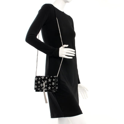 Saint Laurent Suede Star Print Monogram Chain Wallet Black Silver 2 of 7