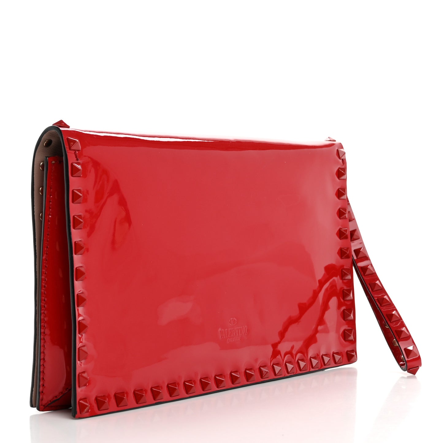 Patent Monochrome Rockstud Wristlet Clutch Rosso Valentino