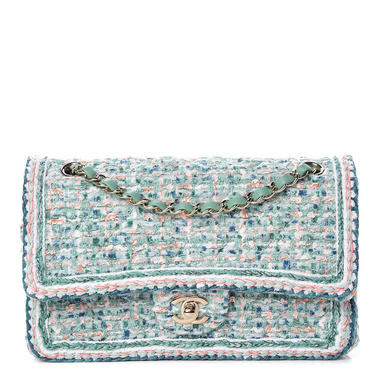 Tweed Quilted Medium Double Flap Green White Blue Orange