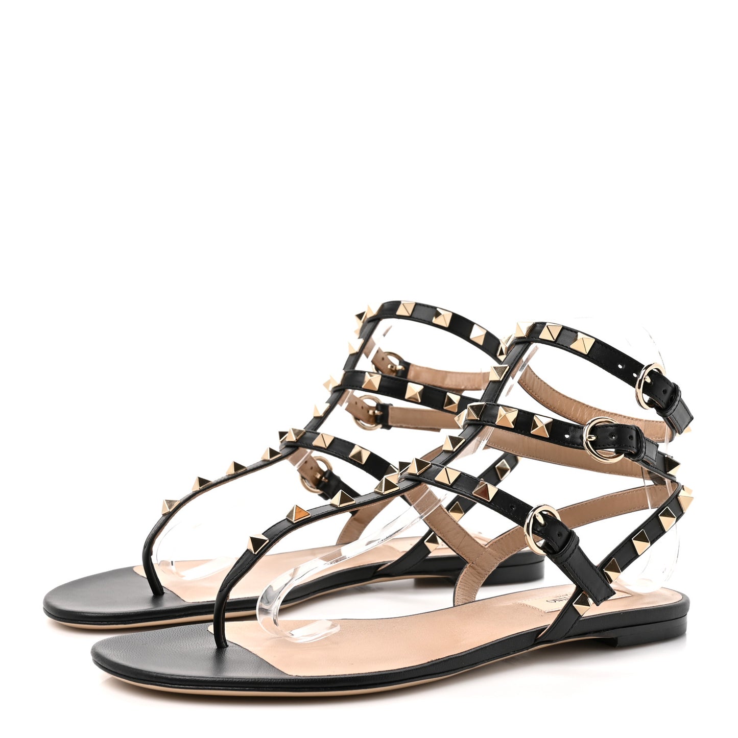 Calfskin Rockstud Ankle Wrap Flat Thong Sandals 39 Black