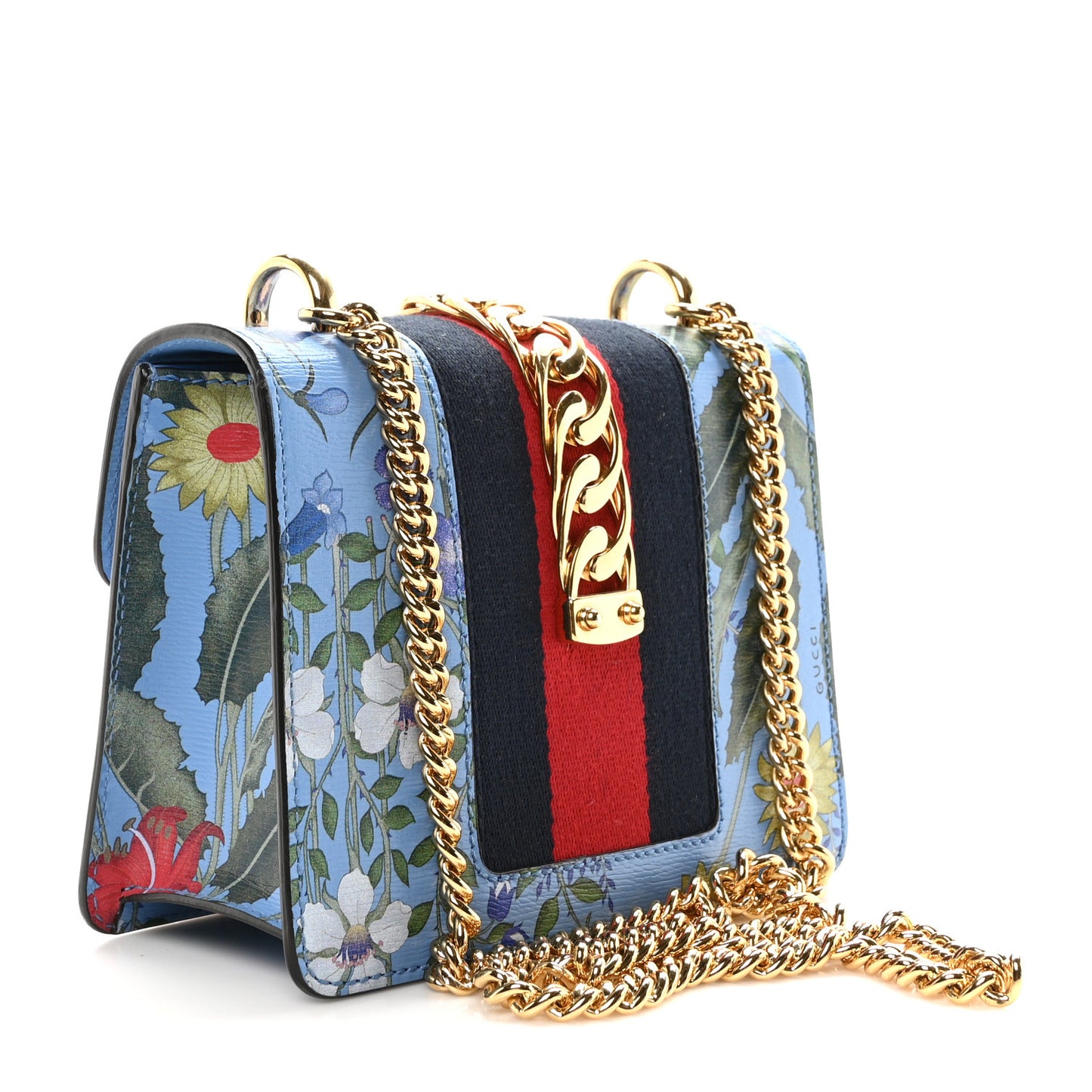 Shangai Calfskin Web New Flora Mini Sylvie Chain Shoulder Bag Azure