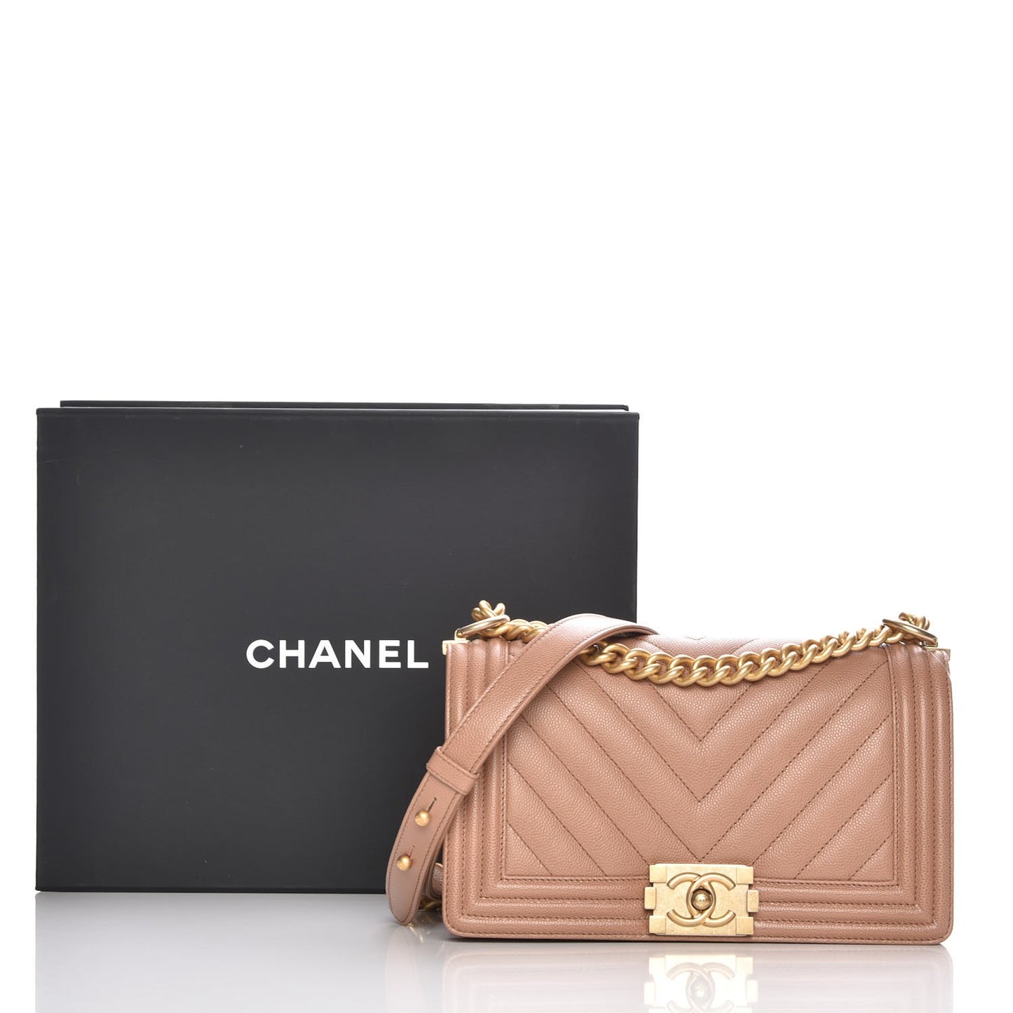 Caviar Chevron Quilted Medium Boy Flap Dark Beige