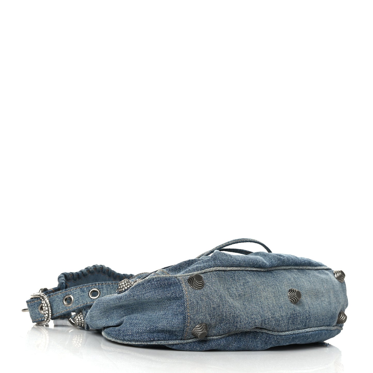 Washed Frayed Denim Crystal Small Le Cagole Shoulder Bag Blue