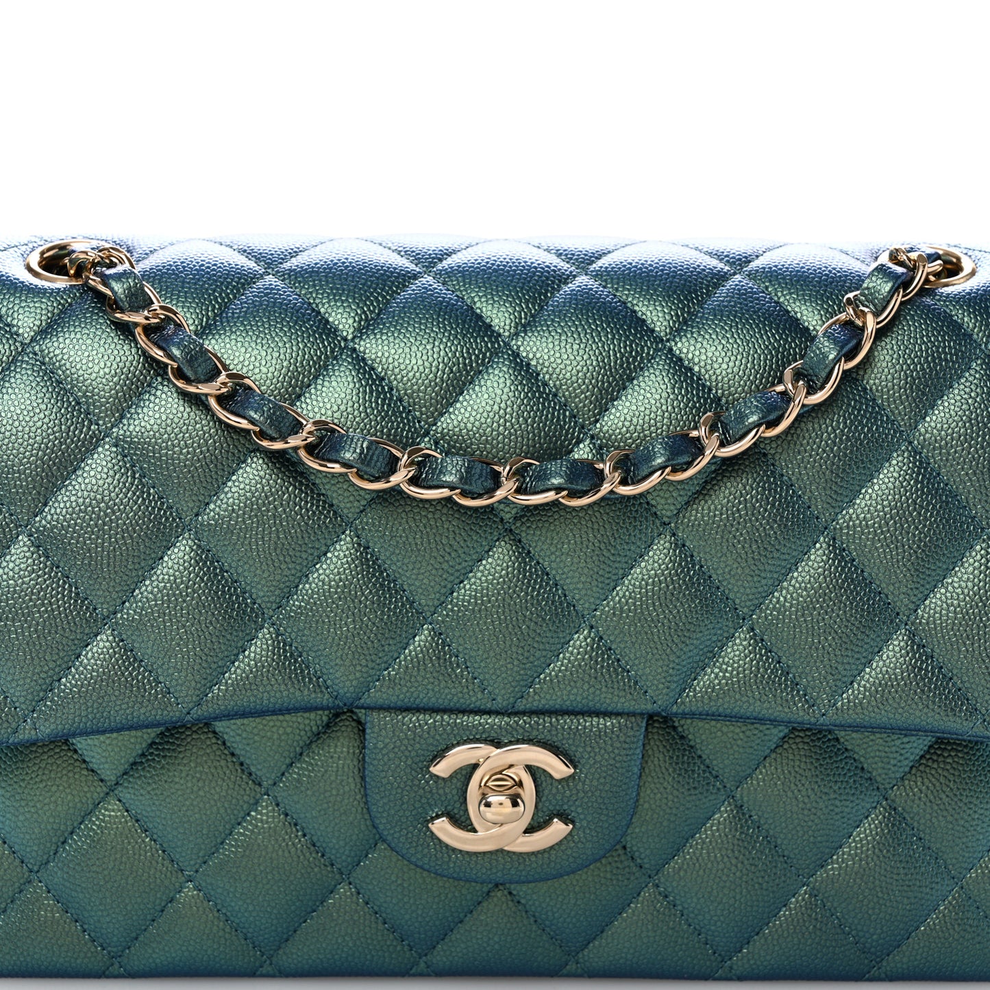 Iridescent Caviar Quilted Medium Double Flap Green