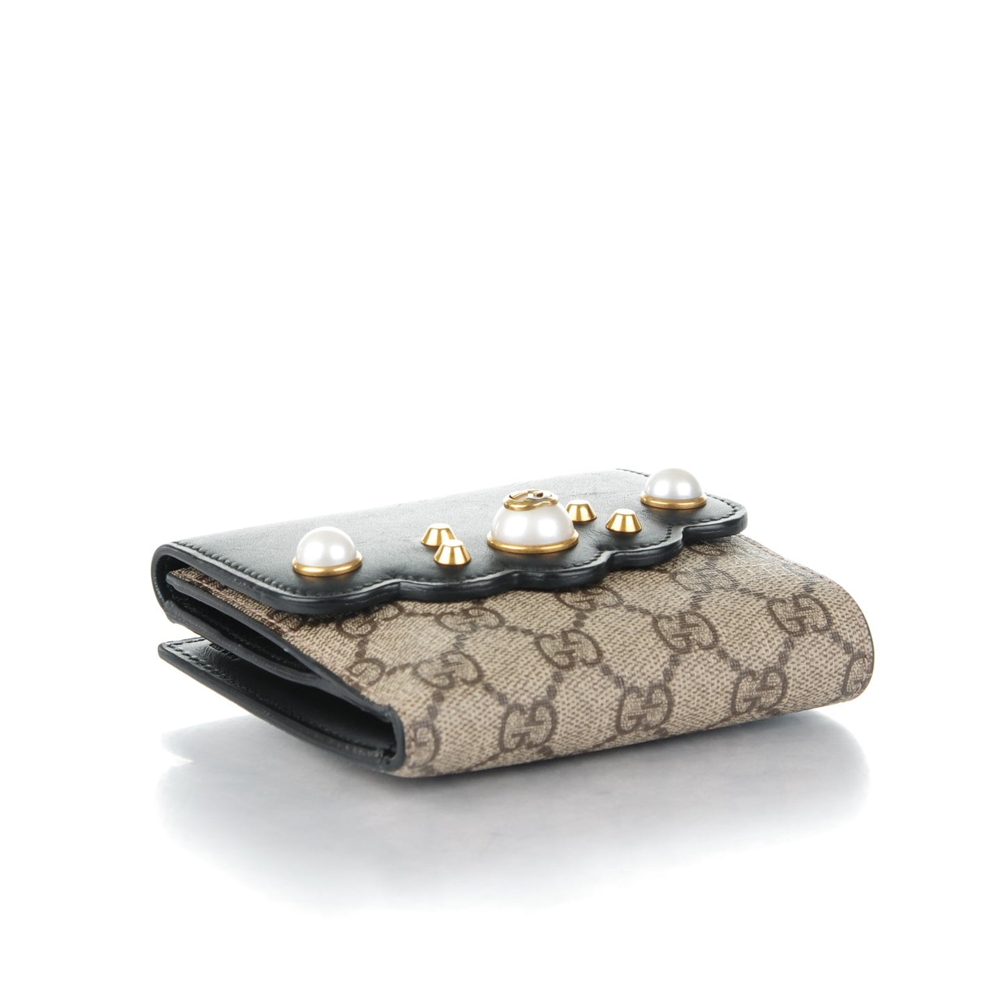 GG Supreme Monogram Pearl Studded French Wallet Black