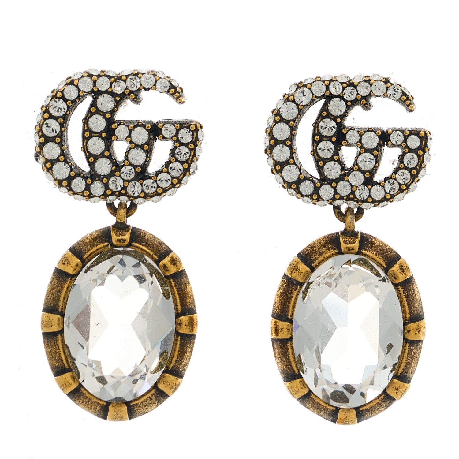 Gucci Metal Crystal Double G Drop Earrings Aged Gold 1 of 4