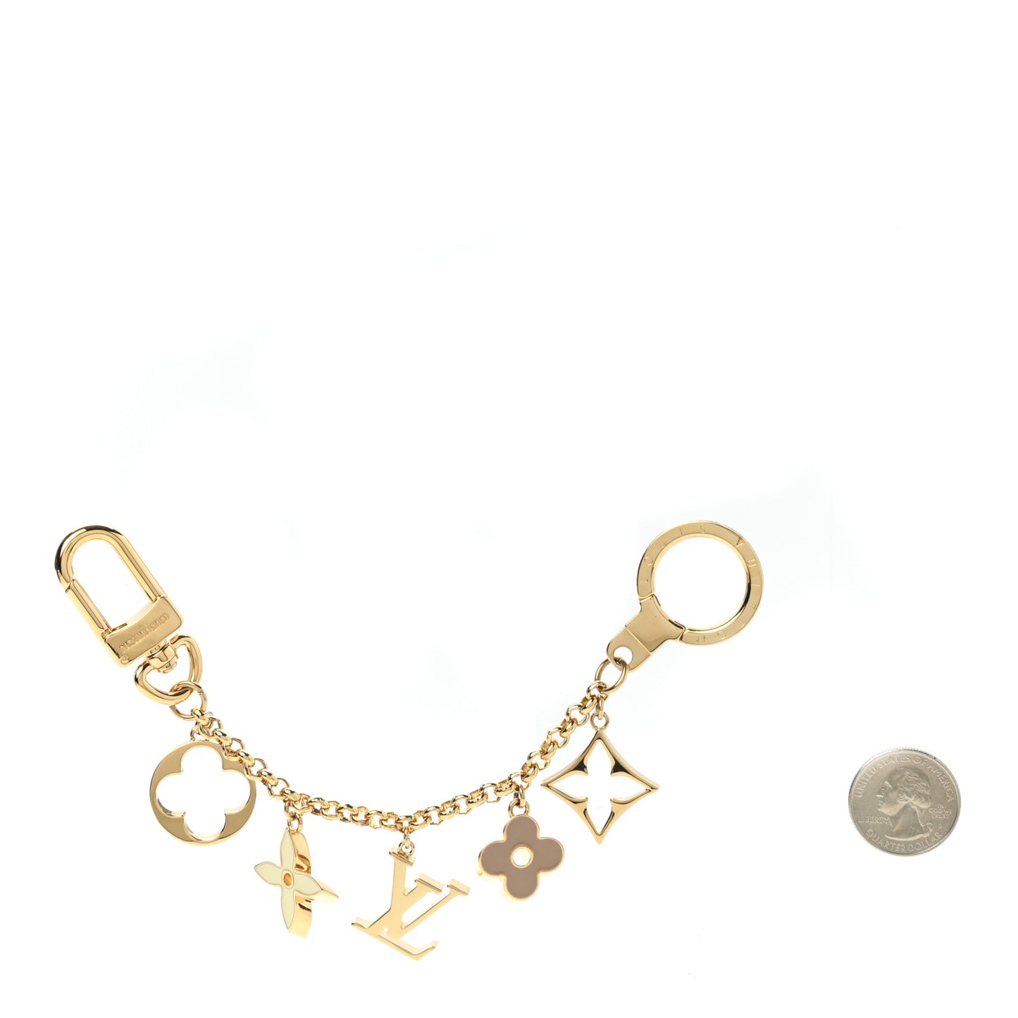 Brass Enamel Fleur De Monogram Bag Charm Chain Gold