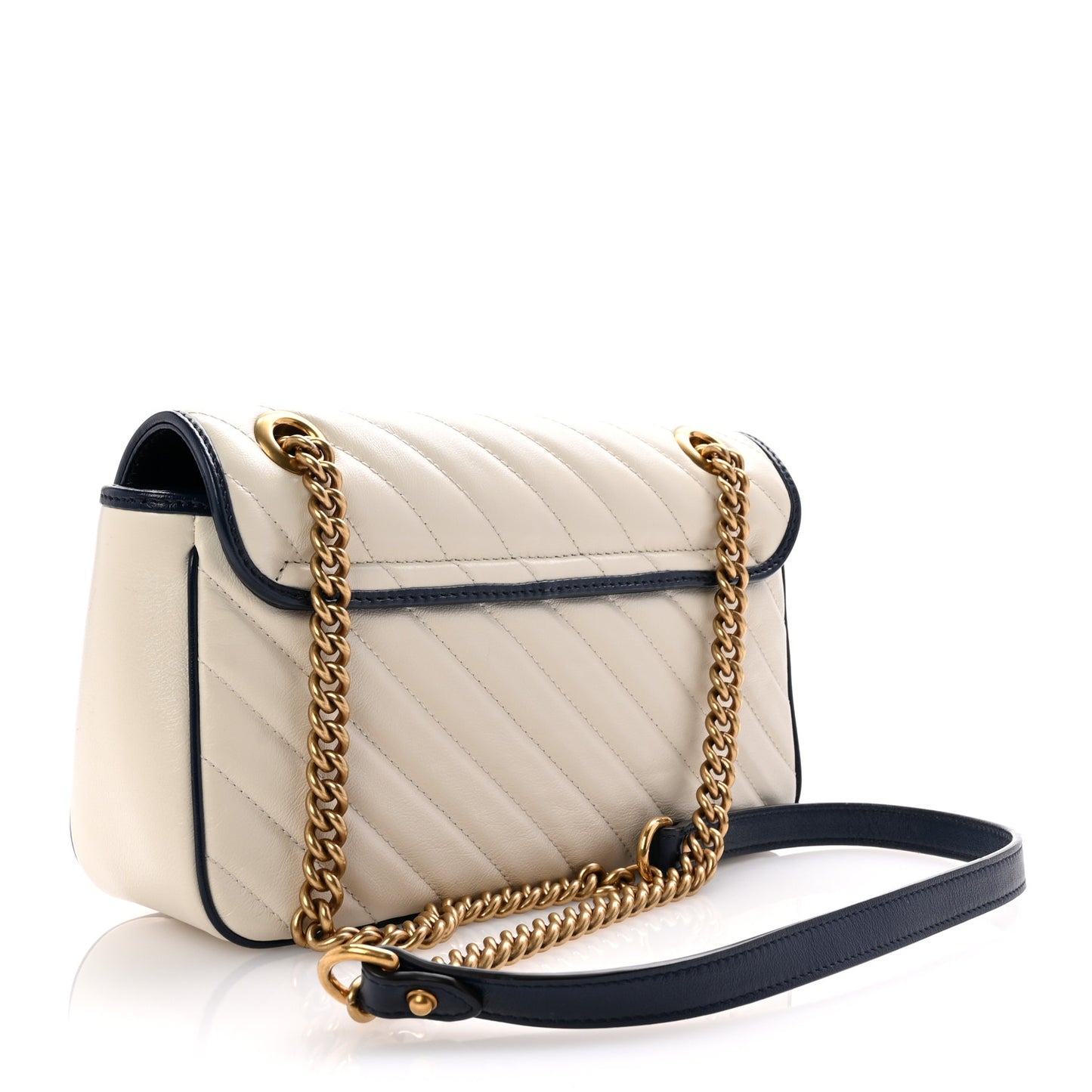 Vintage Effect Calfskin Matelasse Diagonal Small Torchon GG Marmont Shoulder Bag Mystic White Blue Agata
