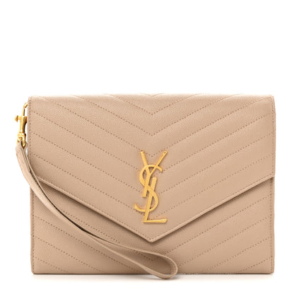 Saint Laurent Grain De Poudre Matelasse Chevron Monogram Envelope Clutch Dark Beige 1 of 7