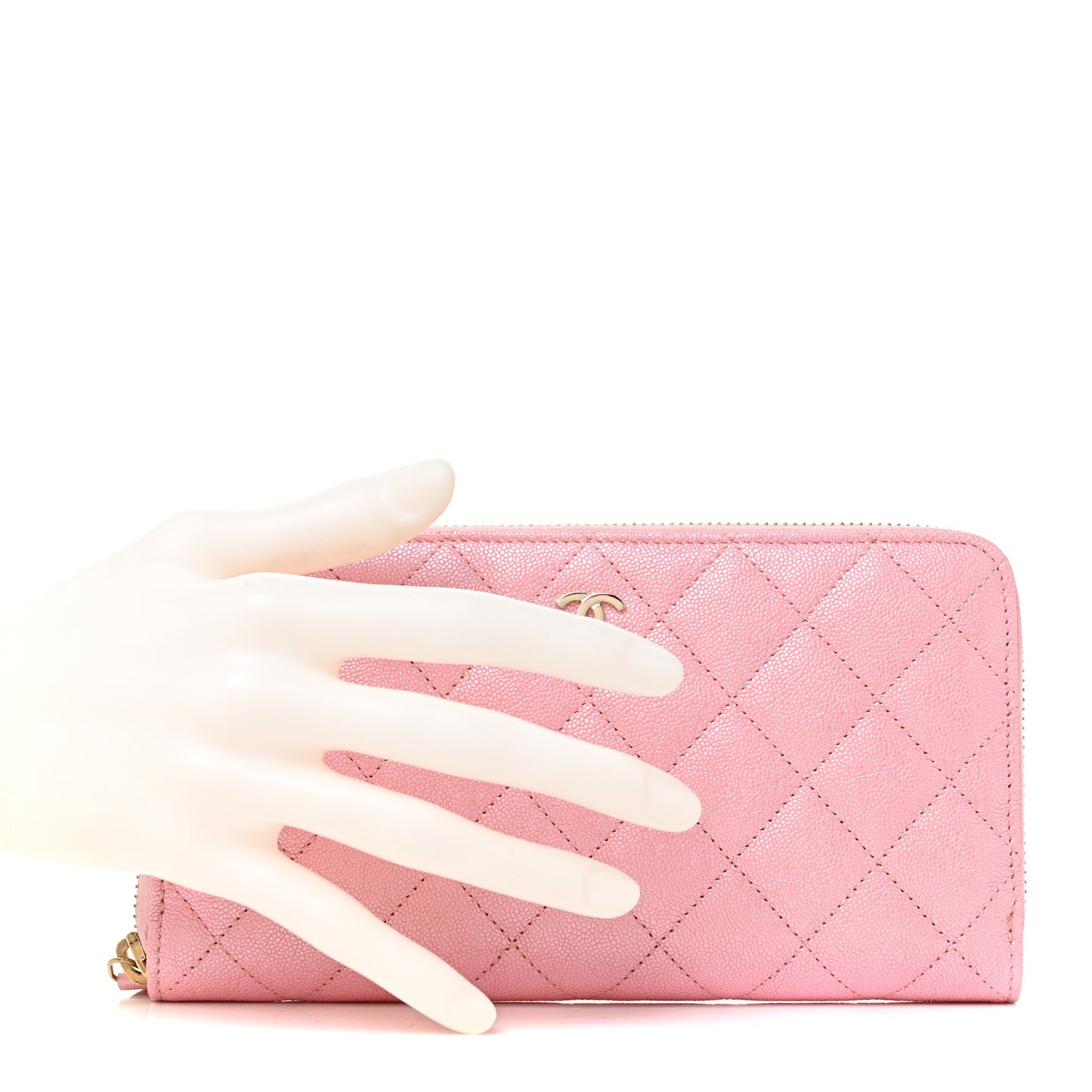 Iridescent Caviar Quilted Large Zip Around Wallet Pink