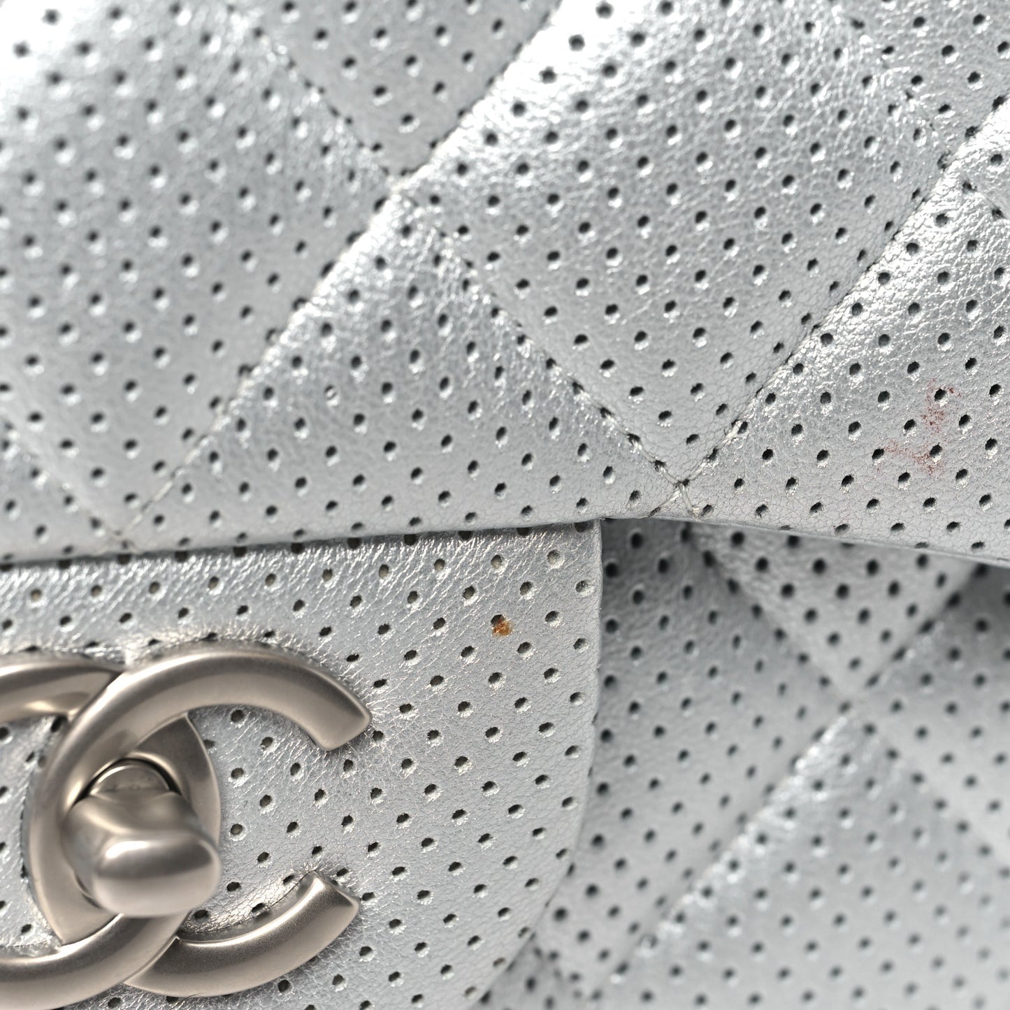 Metallic Perforated Lambskin Quilted Jumbo Double Flap Light Silver