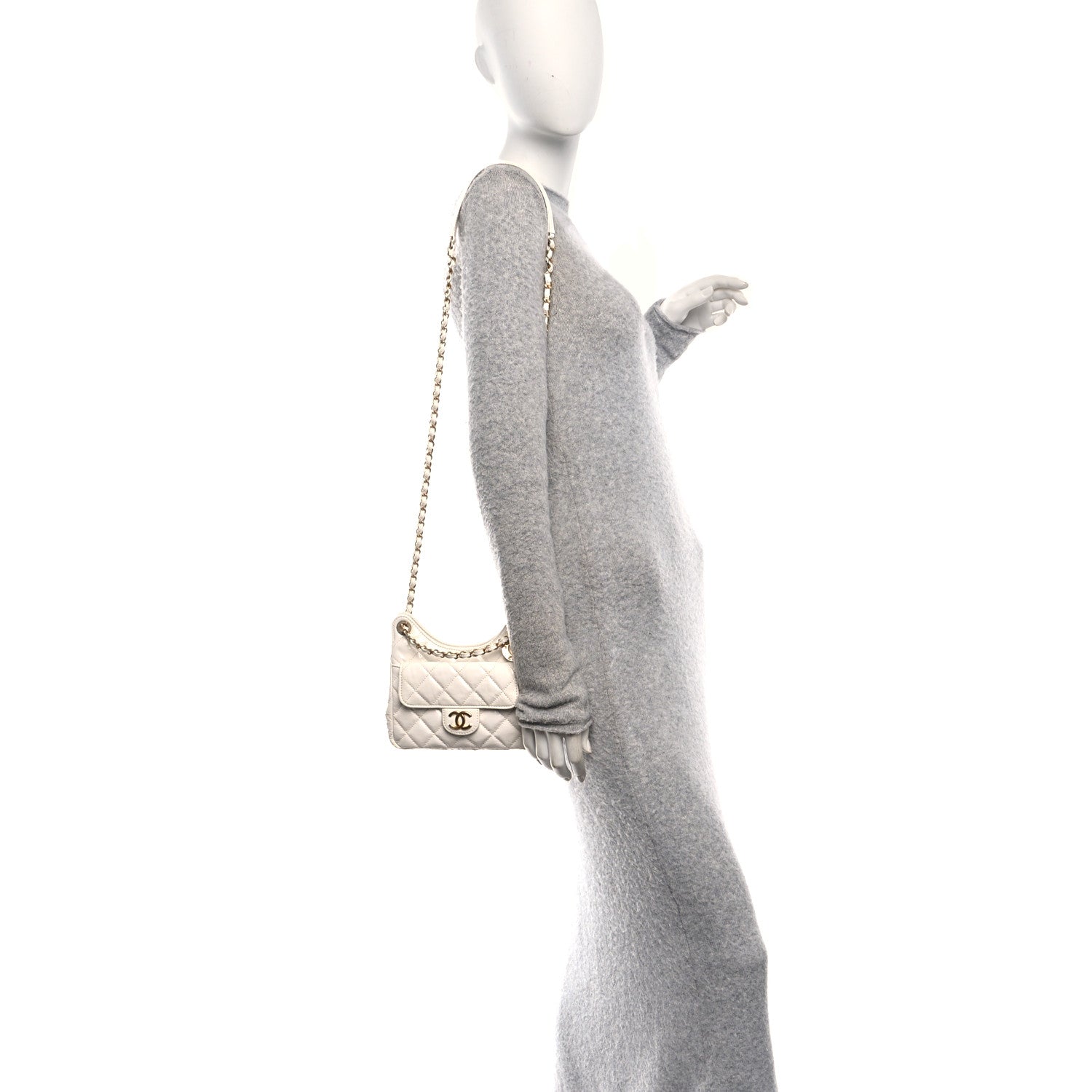 Chanel Shiny Crumpled Calfskin Quilted Small Wavy CC Hobo White