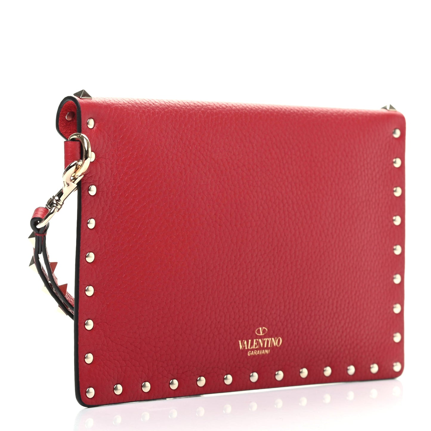 Pebbled Calfskin Medium Rockstud Envelope Flat Wristlet Pouch Red