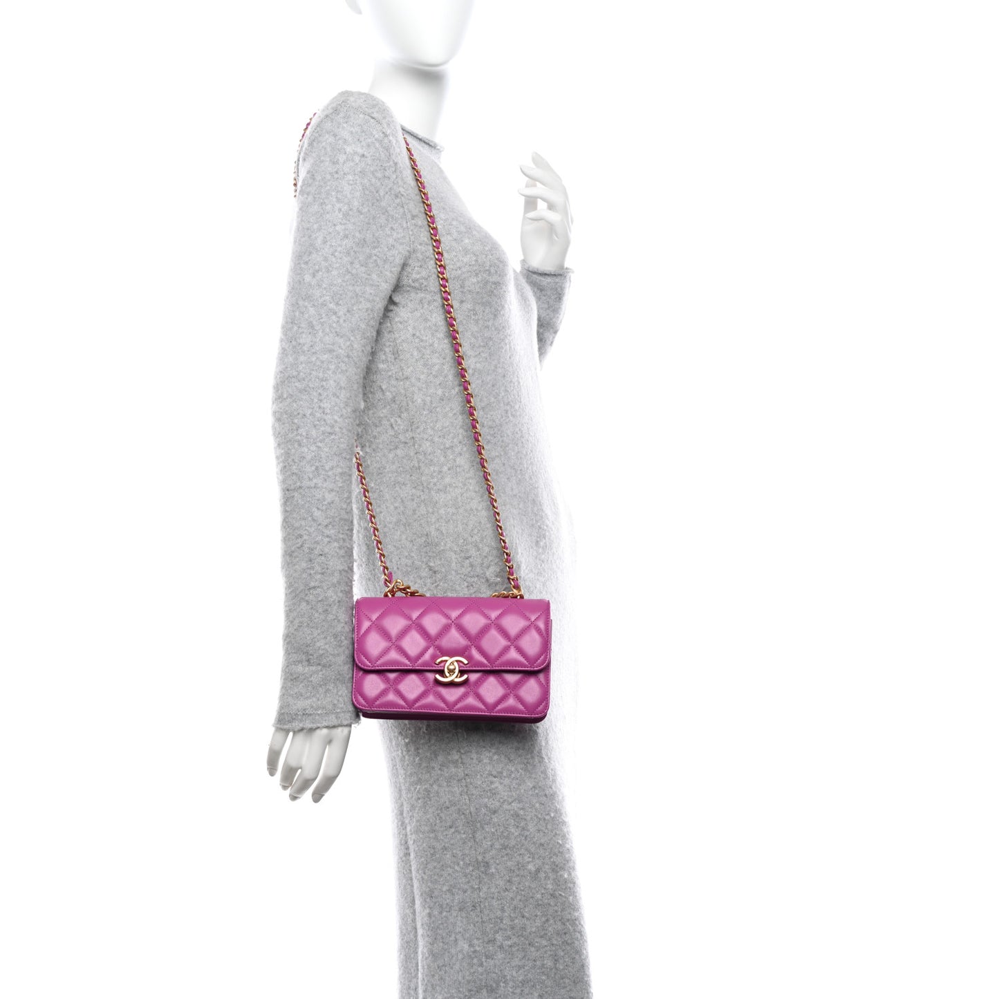Calfskin Quilted Mini Dual Handle Chain Flap Bag Purple