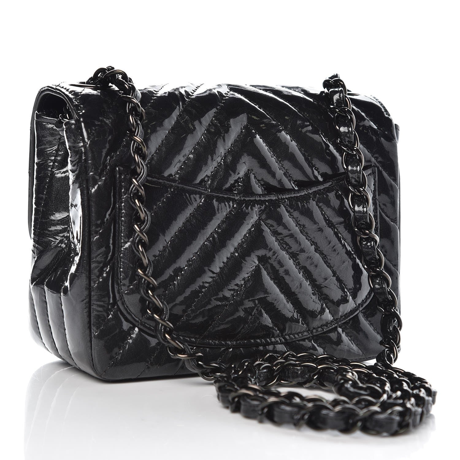 Chanel Metallic Patent Crumpled Calfskin Chevron Quilted Mini Square Flap Black 3 of 8