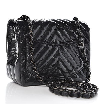 Chanel Metallic Patent Crumpled Calfskin Chevron Quilted Mini Square Flap Black 3 of 8