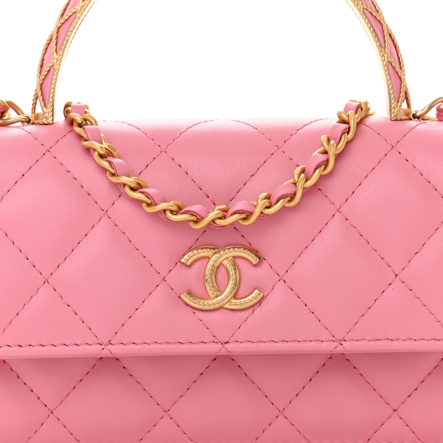 Lambskin Quilted Top Handle Phone Holder With Chain Pink