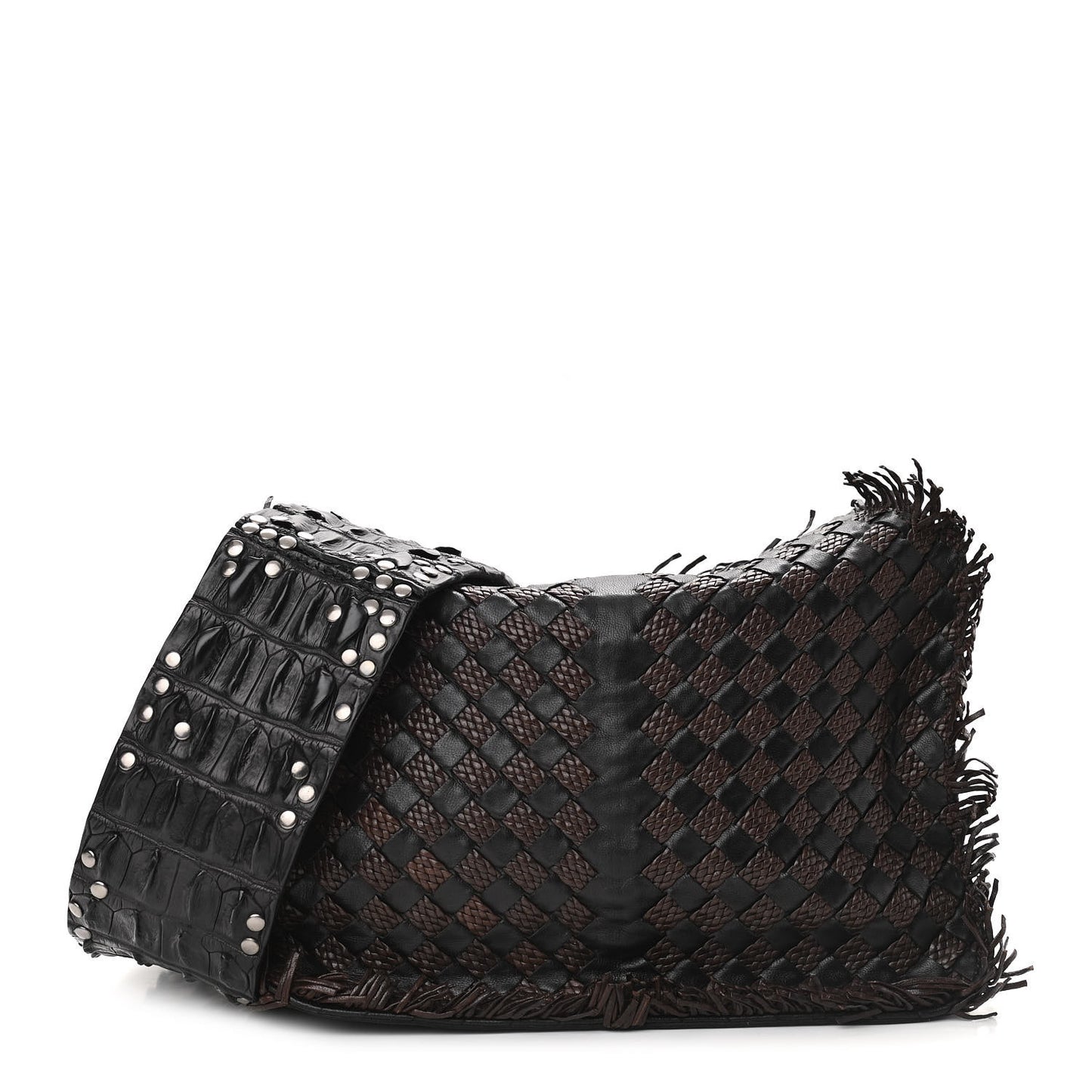 Nappa Intrecciato Alligator Fringe Shoulder Bag Black
