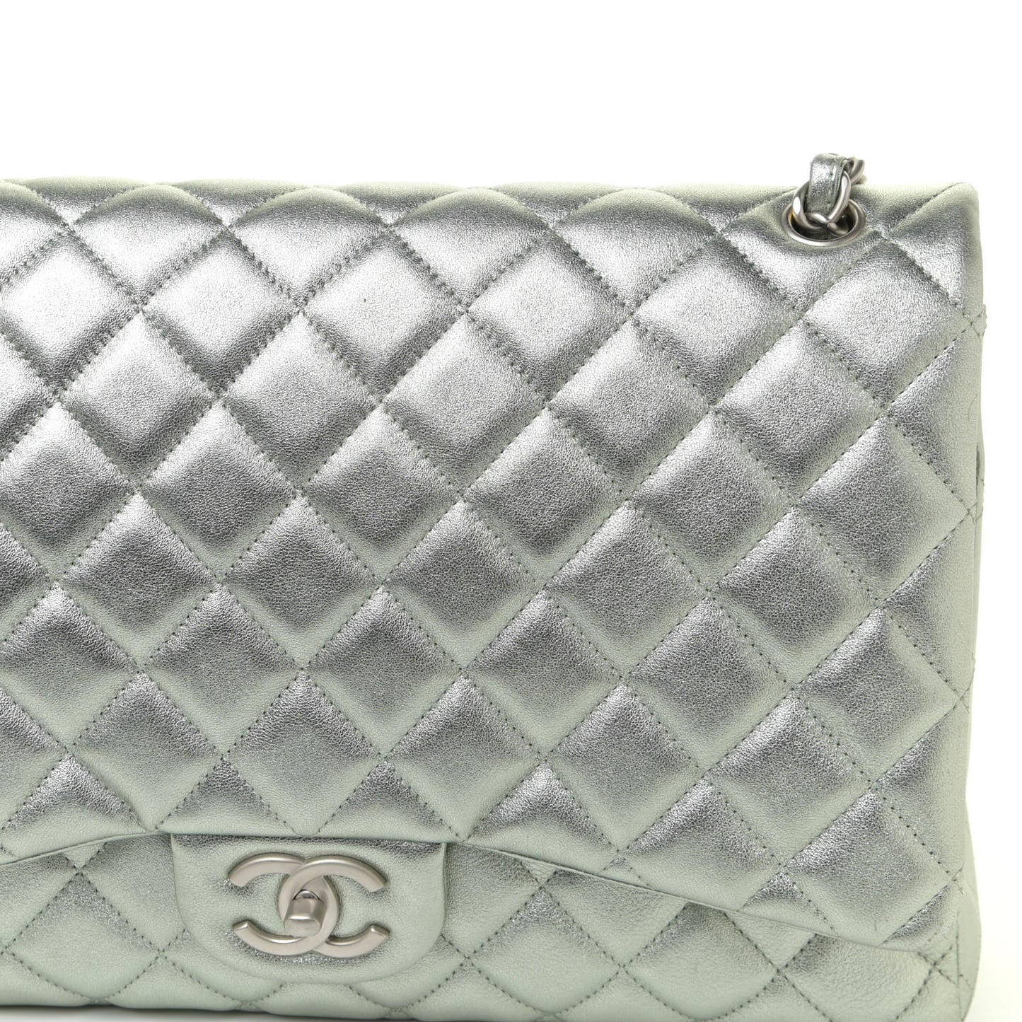 Metallic Lambskin Quilted Maxi Double Flap Green