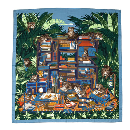 Hermes Cashmere Silk Les Douze Leopards Shawl 140 Bleu Moyen Vert 1 of 5