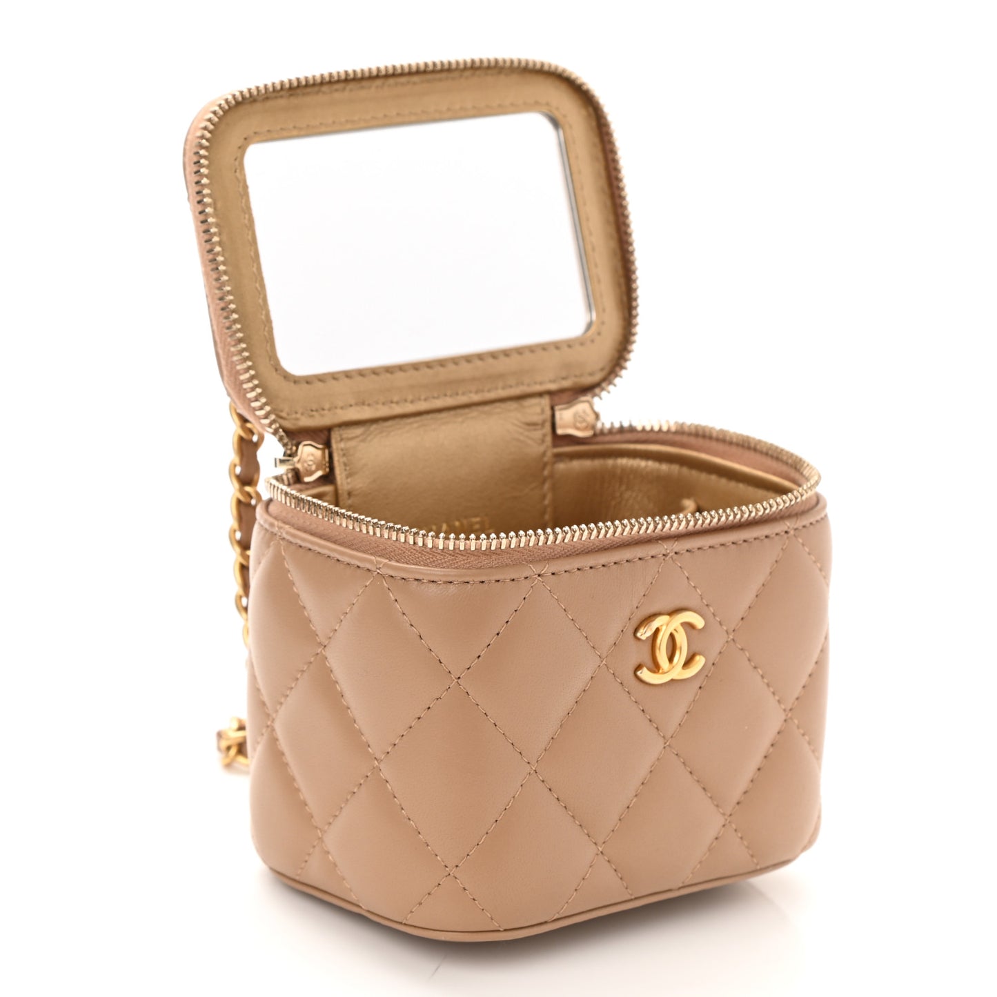 Lambskin Quilted Pearl Crush Mini Vanity Case With Chain Beige
