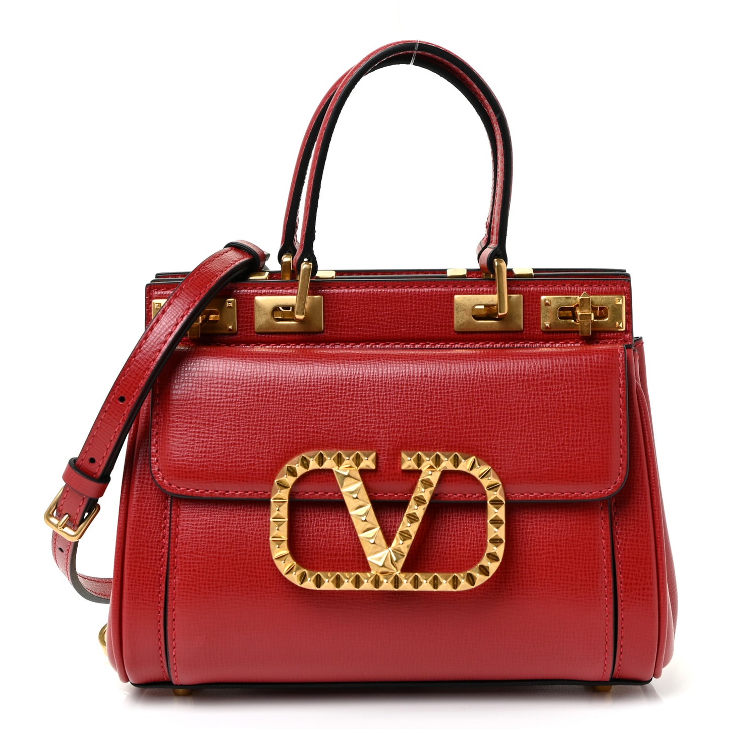 Grainy Calfskin Mini Rockstud Alcove Top-Handle Bag Rouge Pur