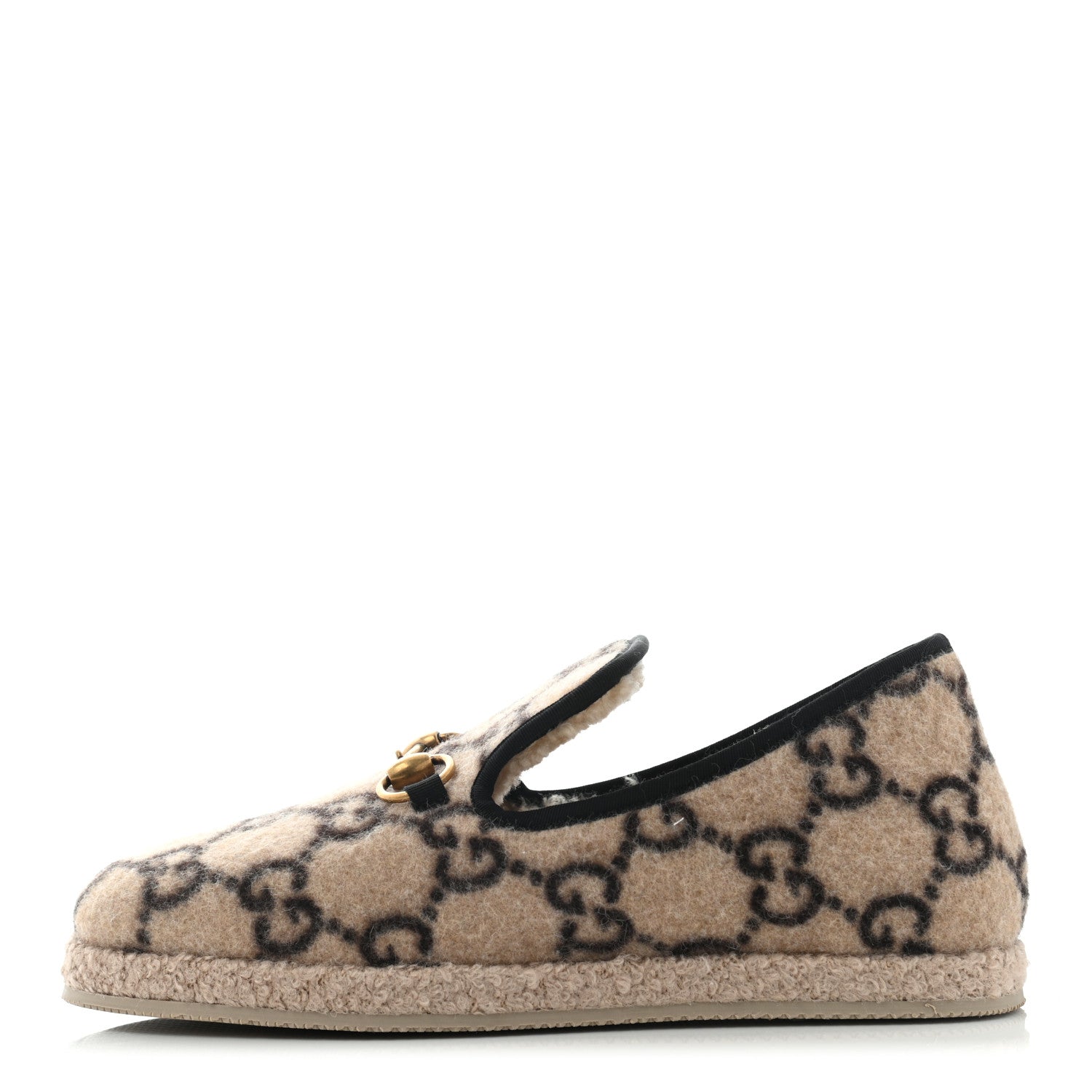 Gucci Covered Wool GG Monogram Womens Fria Horsebit Loafers 38.5 Beige Ebony Black Butterscotch 1 of 9