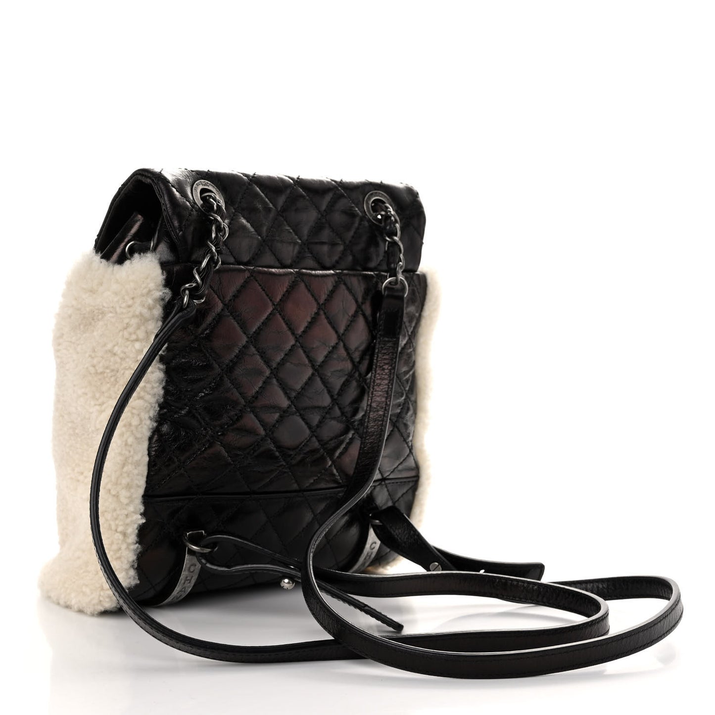 Glazed Calfskin Shearling Quilted Small Mountain Backpack Black Ivory