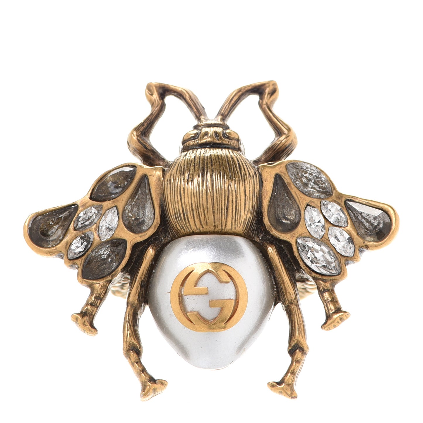 Metal Crystal Pearl Bee Multifinger Ring Aged Gold