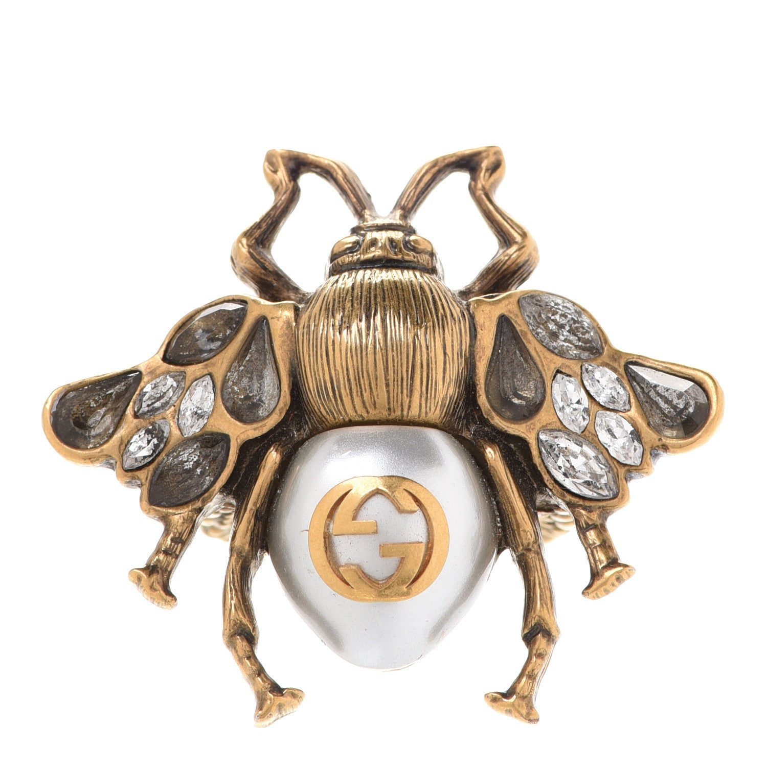 Gucci Metal Crystal Pearl Bee Multifinger Ring Aged Gold 1 of 4
