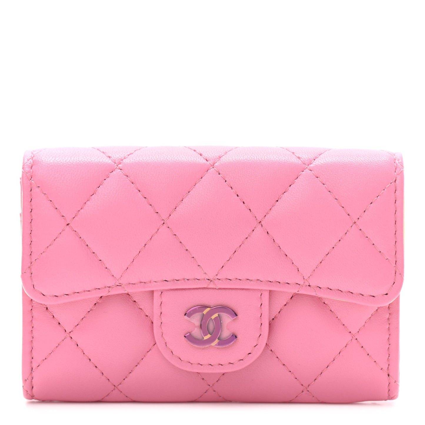 Lambskin Quilted Flap Card Holder Wallet Pink Yellow