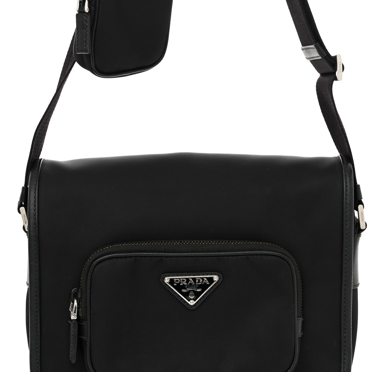 Re-Nylon Tessuto Saffiano Pocket Flap Messenger Bag Black