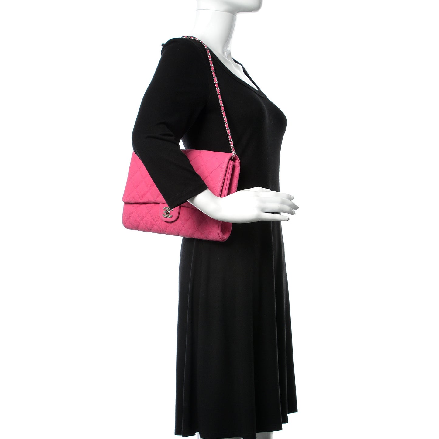 Iridescent Caviar Clutch with Chain Flap Pink