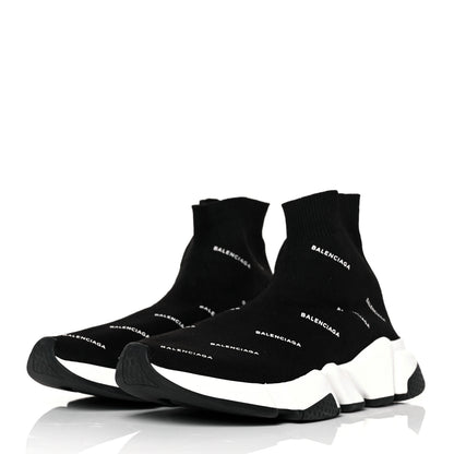 Balenciaga Neoprene Knit Allover Logo Bi-Color Sole Womens Speed Sneakers 36 Black White 3 of 8