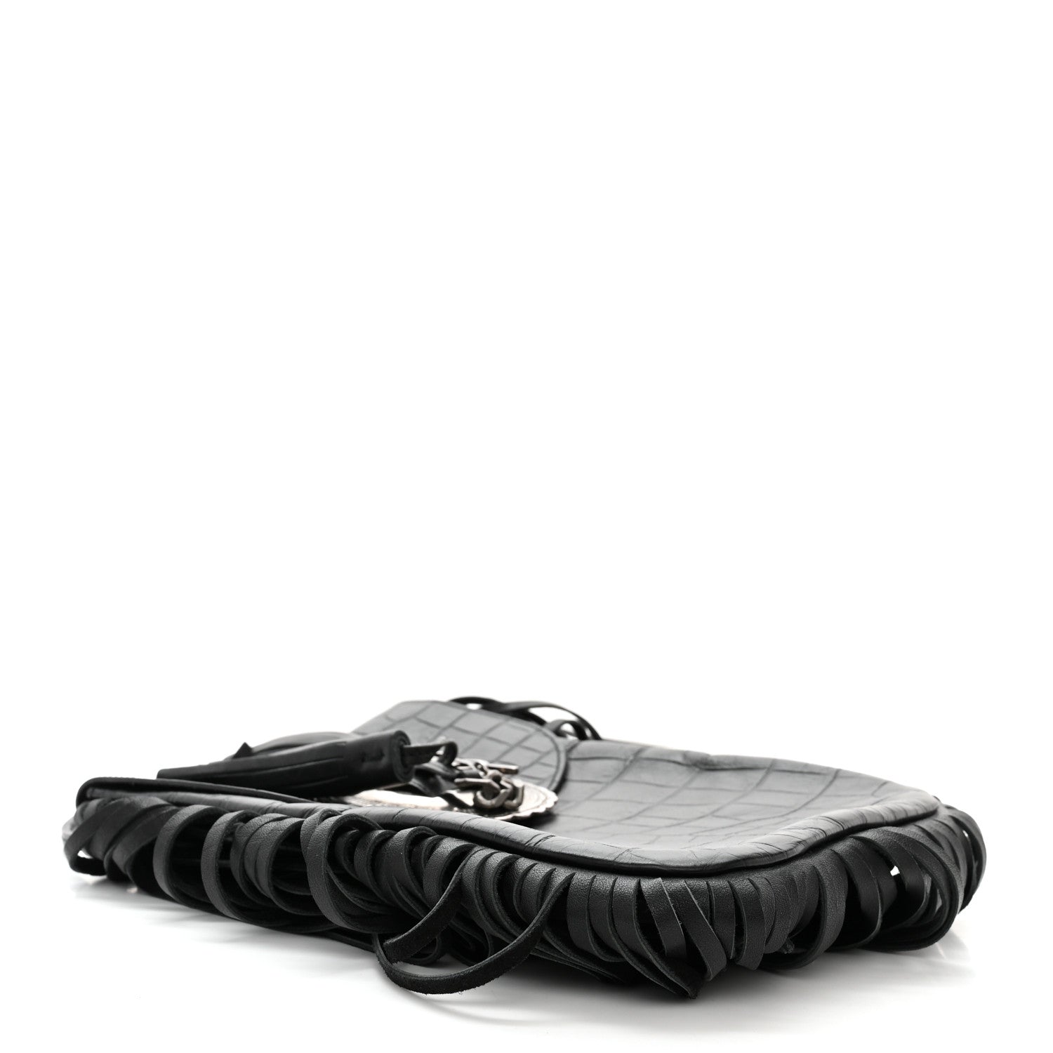 Saint Laurent Calfskin Crocodile Embossed Anita Tassed Crossbody Bag Black 4 of 9