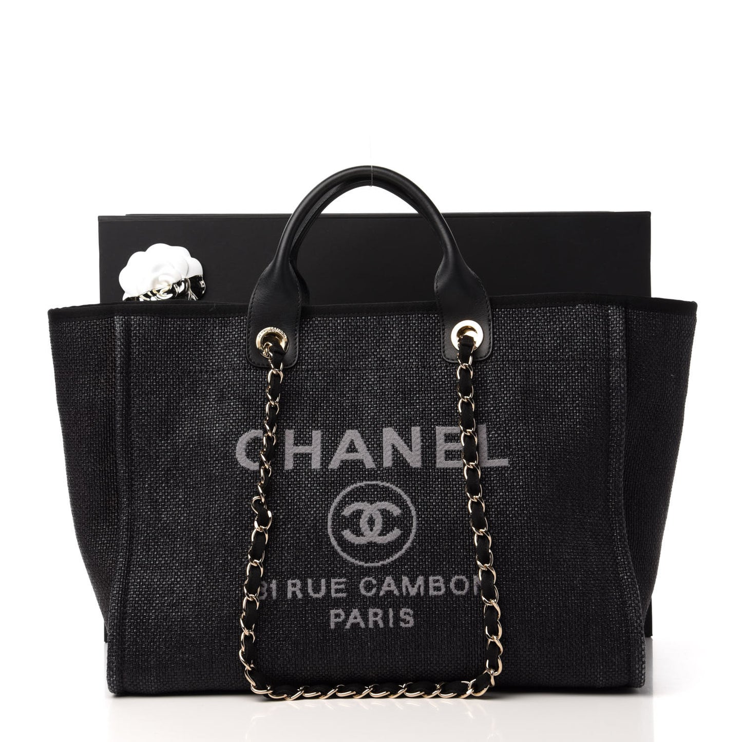 Woven Straw Raffia Medium Deauville Tote Black