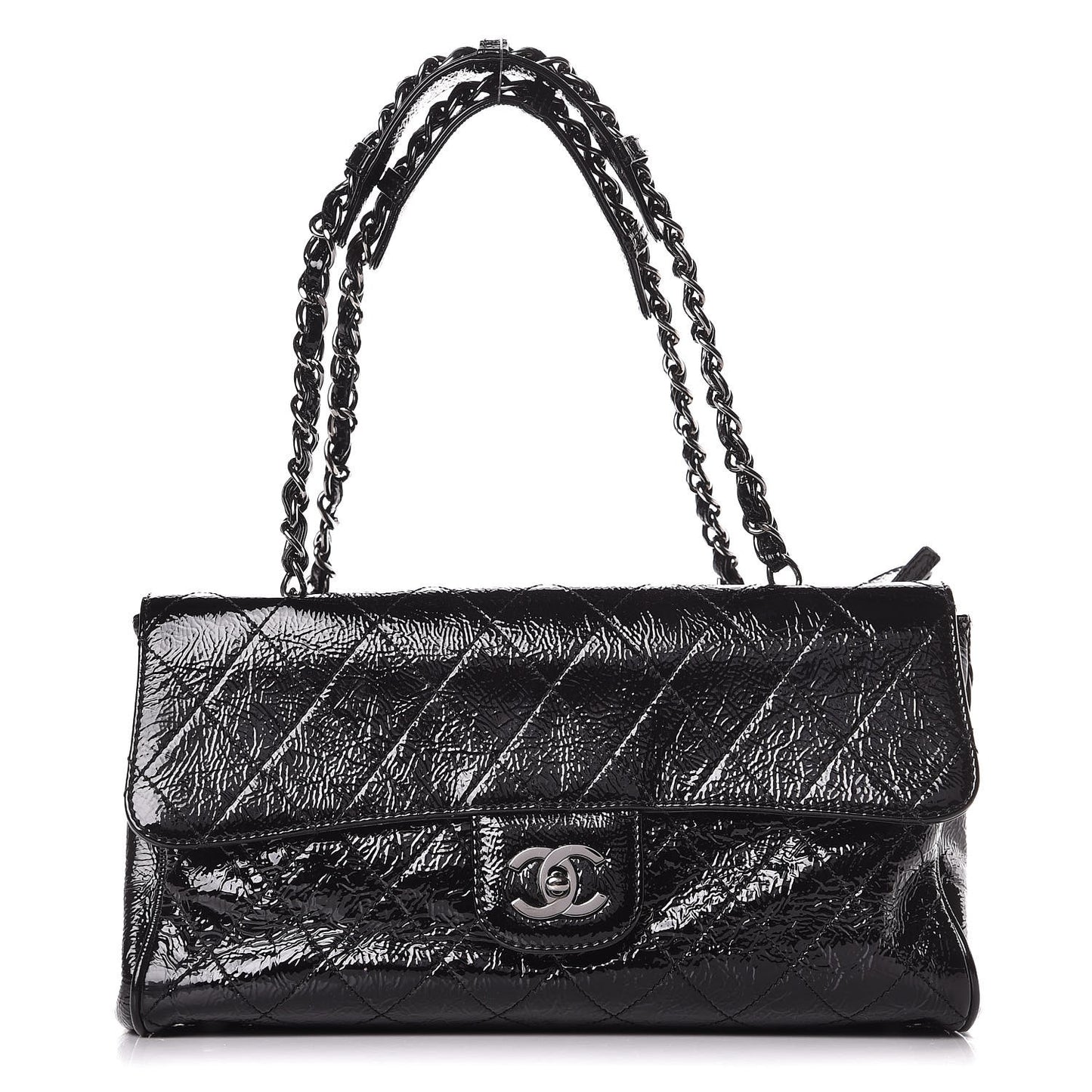 Distressed Patent Quilted Small Ritz Flap Bag Black
