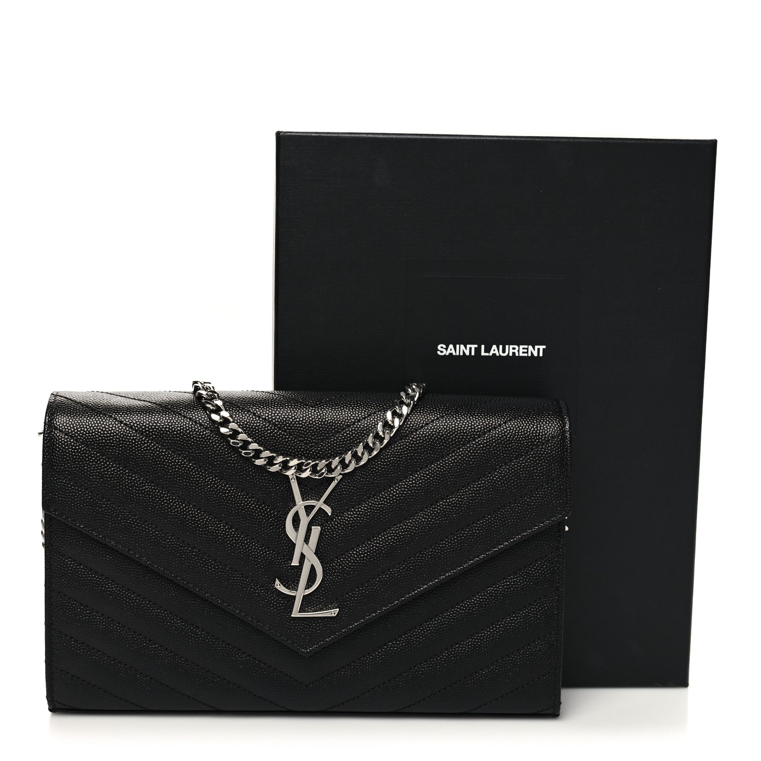 Saint Laurent Grain De Poudre Matelasse Chevron Monogram Chain Wallet Black 11 of 11