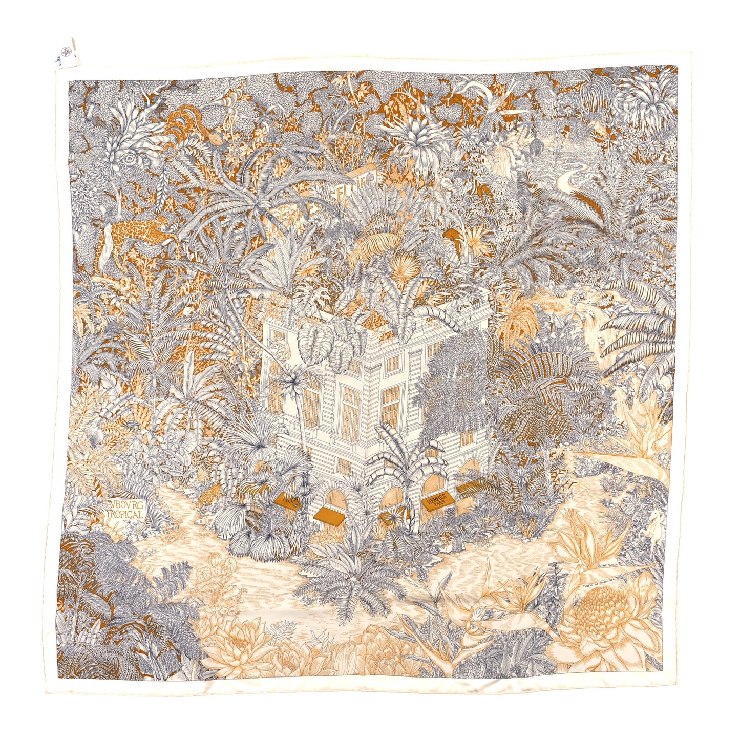 Silk Faubourg Tropical Scarf 90 Sepia White Caramel