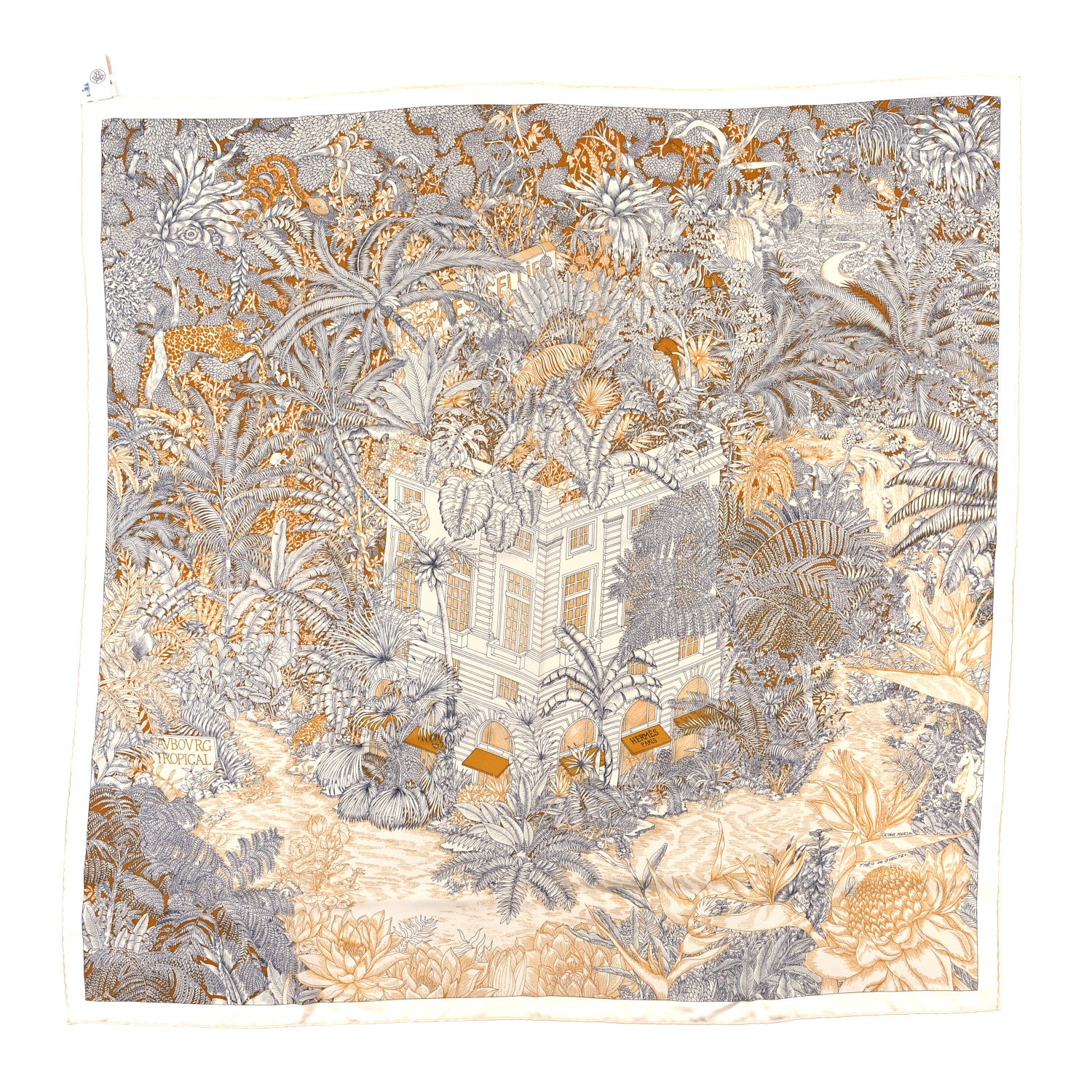 Hermes Silk Faubourg Tropical Scarf 90 Sepia White Caramel 1 of 3