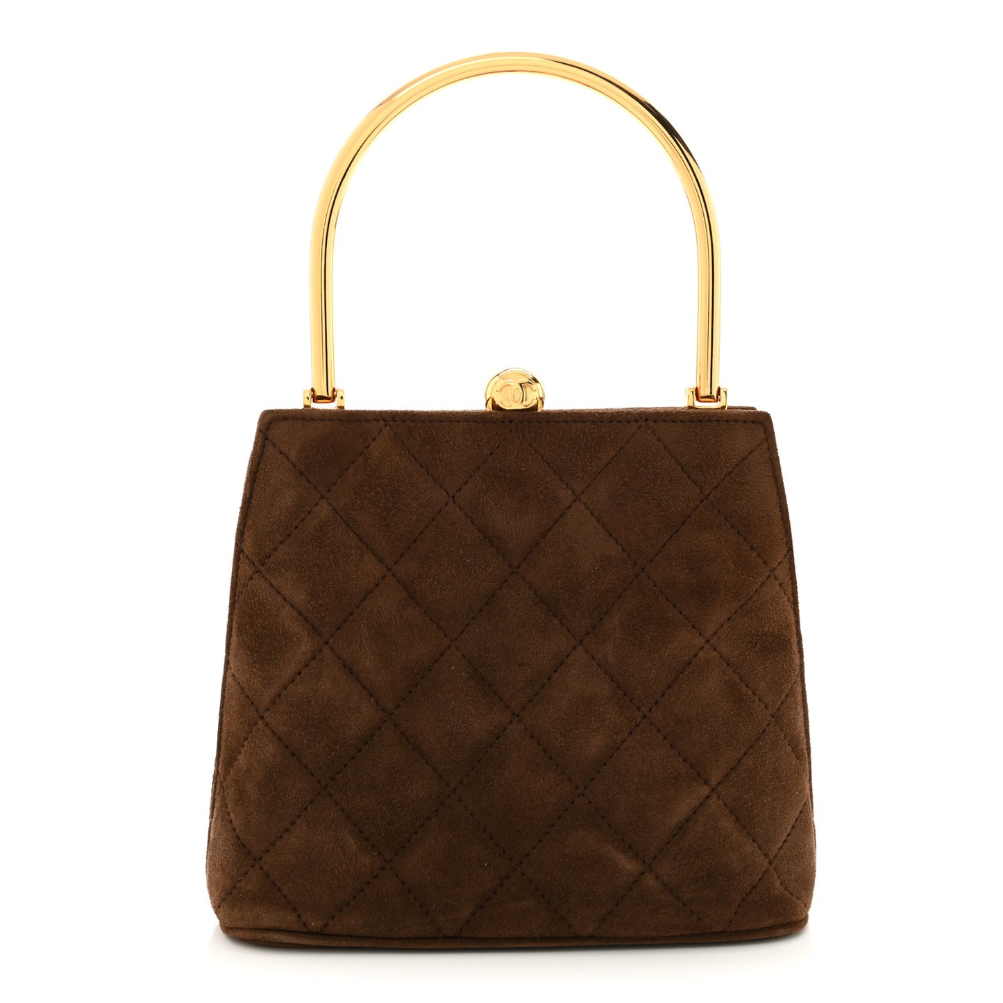 Suede Quilted Kisslock Top Handle Clutch Brown
